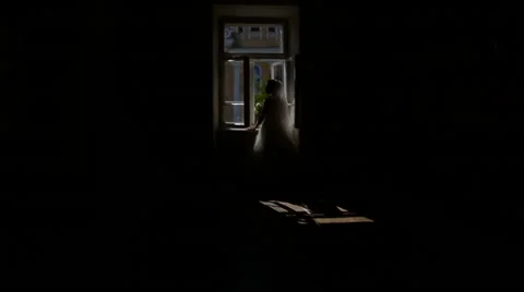 The silhouette of a bride at the window in house Stock Footage 63569238