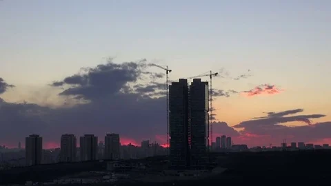 Silhouette of building on the sunset sky Stock Footage 72628670