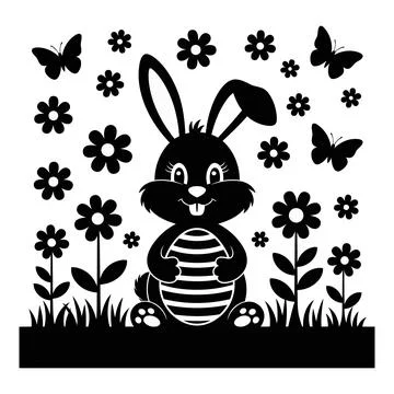 Silhouette Bunny Easter Egg and Flowers vector Stock Illustration