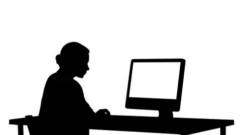 Silhouette Business person works at table with computer. Stock Illustration