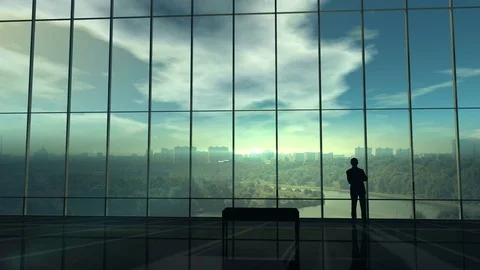Silhouette of a businessman against the huge office window Stock Footage