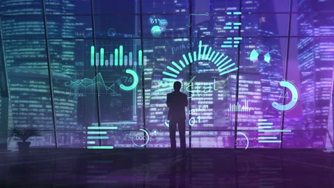 The silhouette of a businessman analyzes data using new technologies. Stock Footage