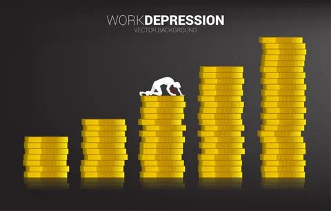 Silhouette of businessman crawling on stack of coin graph. Concept for depres Stock Illustration