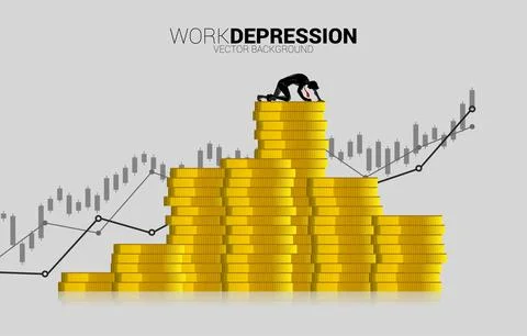 Silhouette of businessman crawling on stack of coin. Concept for depression b Stock Illustration