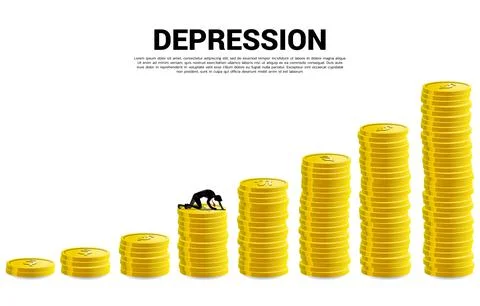 Silhouette of businessman crawling on stack of coin. Concept for depression b Stock Illustration