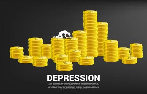 Silhouette of businessman crawling on stack of coin. Concept for depression b Stock Illustration