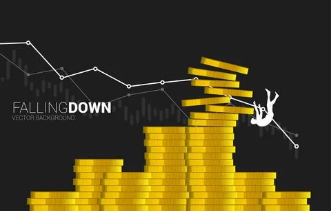 Silhouette of businessman falling down from stack of money coin. Concept of d 스톡 일러스트