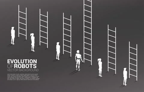 Silhouette of businessman group and robot with higher ladder. Business concep Stock Illustration