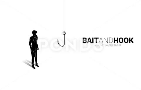 Silhouette of businessman standing with fishing hook. Concept of