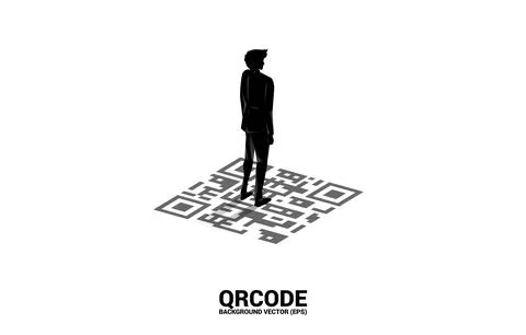 Silhouette businessman standing on qr code in the air. Concept for e-commerce Stock Illustration