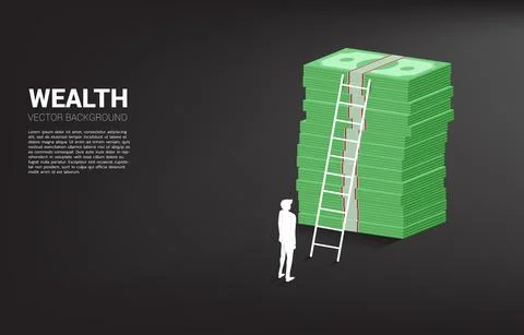 Silhouette of businessman standing with stack of banknote and ladder. Concept Stock Illustration