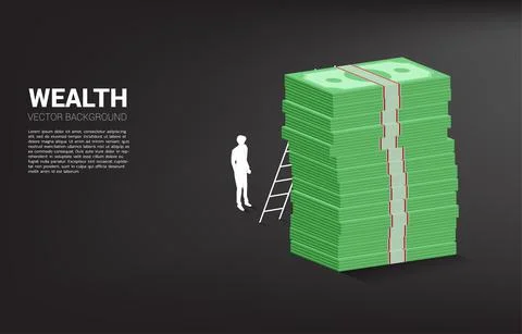 Silhouette of businessman standing with stack of banknote and ladder. Concept Stock Illustration