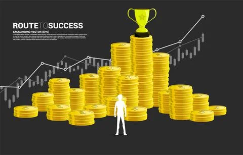 Silhouette of businessman step forward to stack of coin. Concept of success i Stock Illustration