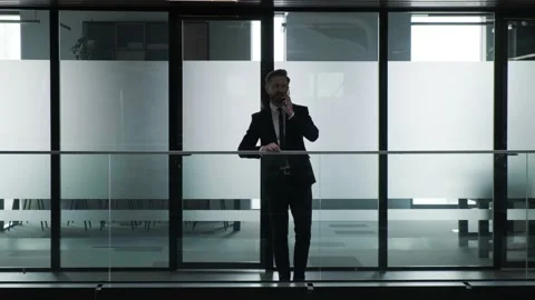 Silhouette of a businessman that is talking at phone inside the business Stock Footage 151913853