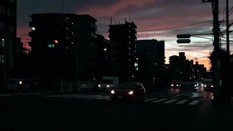 Silhouette of busy intersection in sub urban area of Japan with colorful sky Stock-Footage 219333332