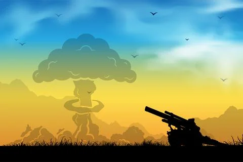 Silhouette of cannon with explosion isolated on sunset background. 스톡 일러스트