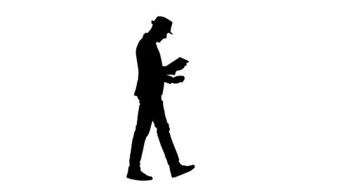 Silhouette Casual man using tablet and smiling while waking. Stock Illustration