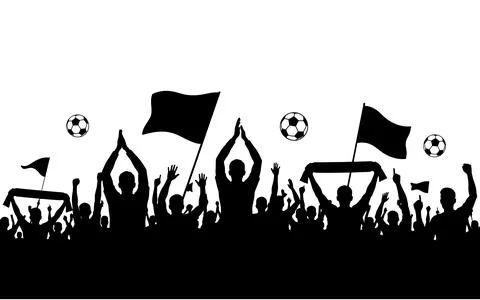 Silhouette of cheering crowd with flags and soccer balls Stock Illustration