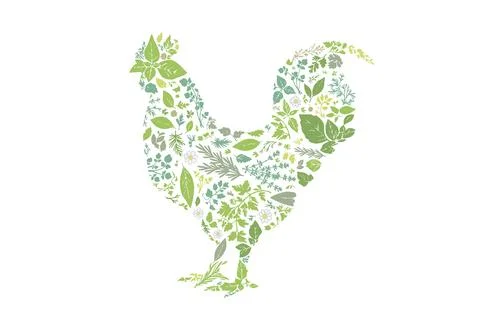 A silhouette of a chicken composed of herb patterns. Stock Illustration