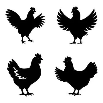 Silhouette Chickens icon set in Different Poses Stock Illustration