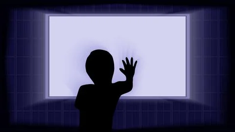 Silhouette of child reached for the light in the window. Vector illustration Stock Illustration