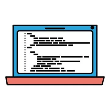 Silhouette color sections of laptop computer with screen programming window with Stock Illustration