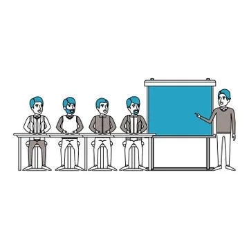 Silhouette color sections with men group sitting in a desk for executive male in Stock Illustration