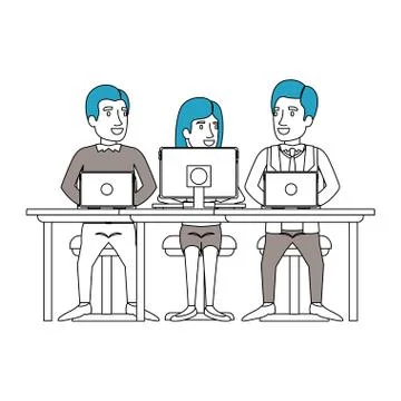 Silhouette color sections of teamwork sitting in desk with tech devices computer Illustrazione stock