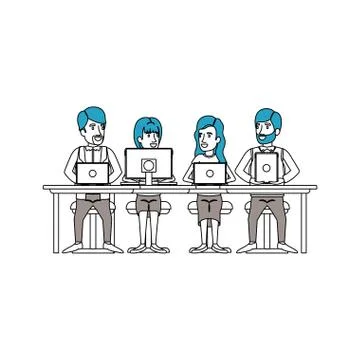 Silhouette color sections of teamwork sitting in desk with tech devices business Stock Illustration