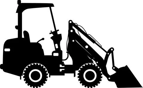 Silhouette of Compact Skid Steer Loader with Bucket and Wheels Icon in Flat.. Stock Illustration