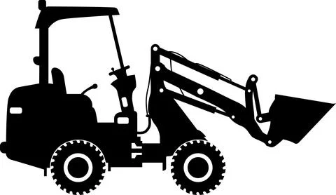 Silhouette of Compact Skid Steer Loader with Bucket and Wheels Icon in Flat.. Stock Illustration