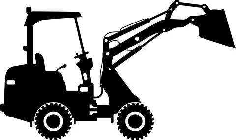 Silhouette of Compact Skid Steer Loader with Bucket and Wheels Icon in Flat.. Illustrazione stock