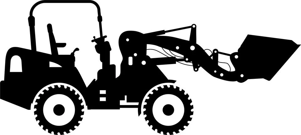 Silhouette of Compact Skid Steer Loader with Bucket and Wheels Icon in Flat.. Stock Illustration