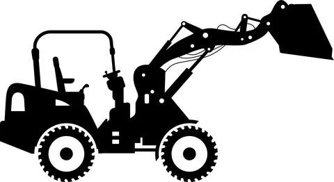 Silhouette of Compact Skid Steer Loader with Bucket and Wheels Icon in Flat.. Illustrazione stock