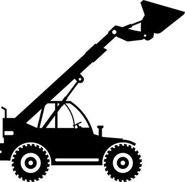 Silhouette of Compact Skid Steer Loader with Bucket and Wheels Icon in Flat.. Illustrazione stock