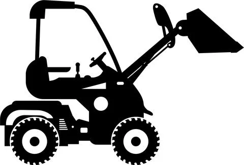 Silhouette of Compact Skid Steer Loader with Bucket and Wheels Icon in Flat.. Illustrazione stock