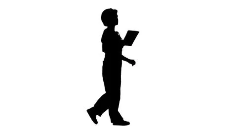Silhouette Construction lady using electronic tablet walking. Stock-Illustration