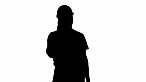 Silhouette Construction Worker On Telephone. 스톡 일러스트