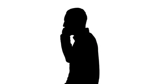 Silhouette Cool young man with beard walking and talking with mobile phone. 스톡 일러스트