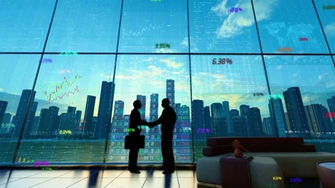Silhouette of cooperation and handshake between CBD office buildings and mer Stock Footage 205996743