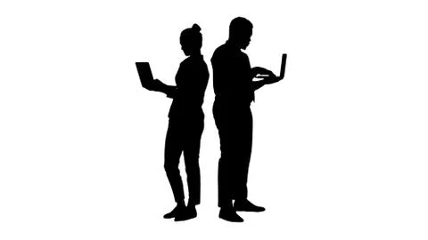 Silhouette Couple back to back standing and working on laptops. Stock-Illustration