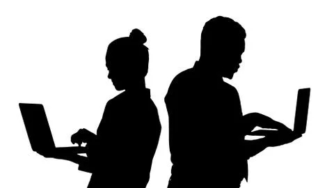 Silhouette Couple back to back standing and working on laptops. 스톡 일러스트