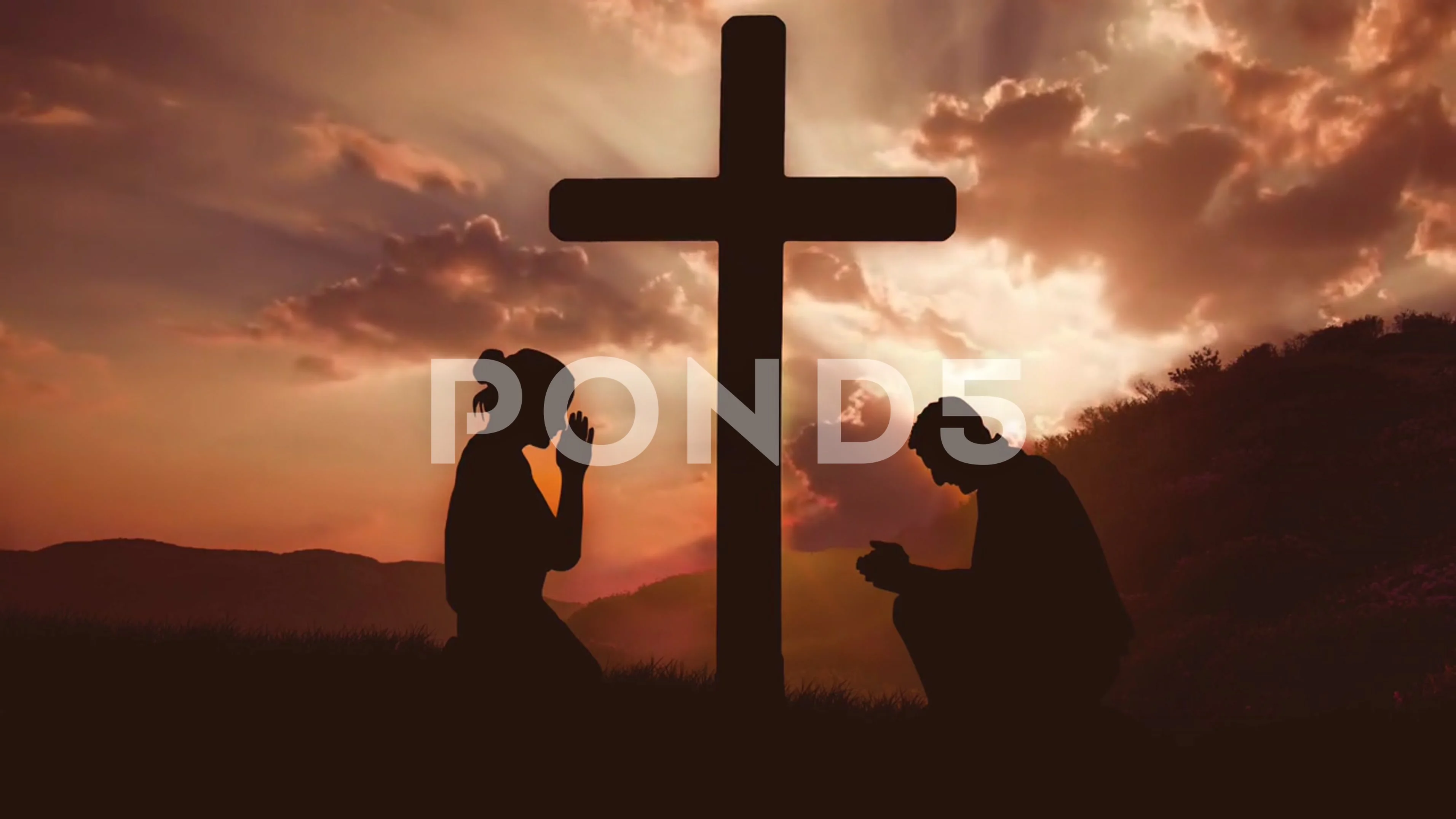 Silhouette of couple praying at the cross at sunset, image size:3824x2151