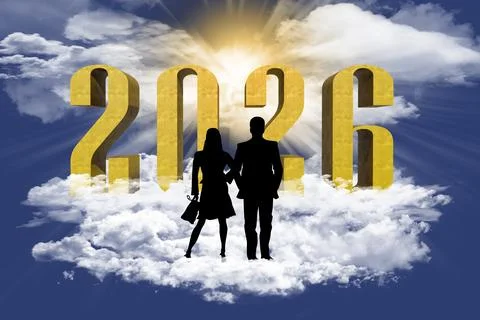 Silhouette of a couple standing on fluffy clouds against a blue sky. A three- Illustrazione stock