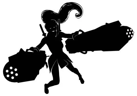 The silhouette of a crazy and cheerful girl with two machine guns shoots in a Stock Illustration