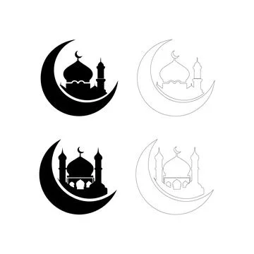 Silhouette of crescent moon with mosque inside, flat bold black emblem style Illustrazione stock