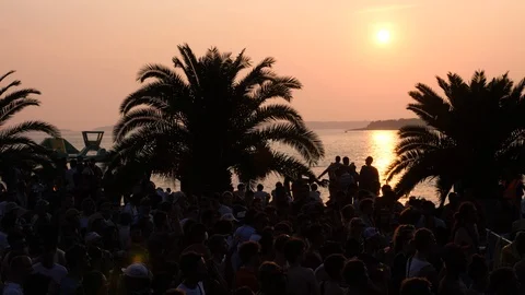 Silhouette crowd dancing at sunset Stock Footage 115598231