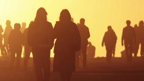 Silhouette of a crowd of people going towards the yellow bright sunset Stock Footage 237712438