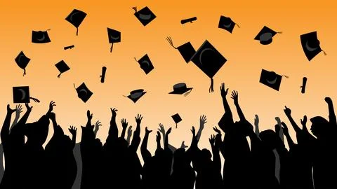 Silhouette Crowd Throwing Graduation Caps with Diplomas on Orange Sunset Sky Stock Illustration