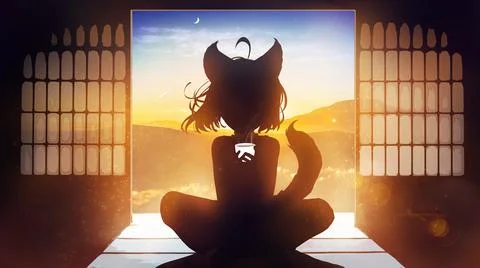 Silhouette of a cute cat girl in anime style with ears and a tail, She is dri Stock Illustration